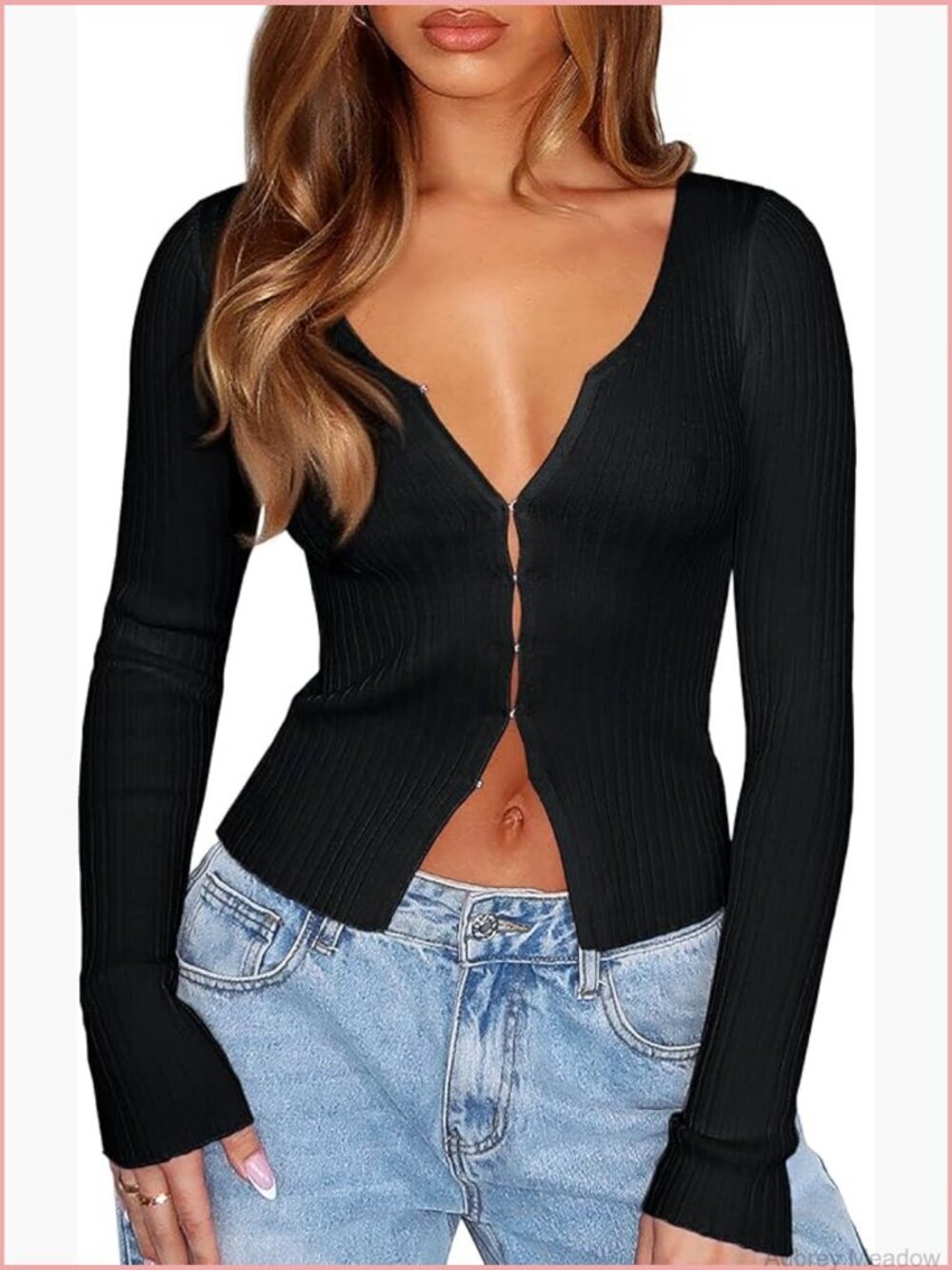 V Neck Long Sleeve Cropped Cardigan Sweater Y2K Ribbed Knit Open Front